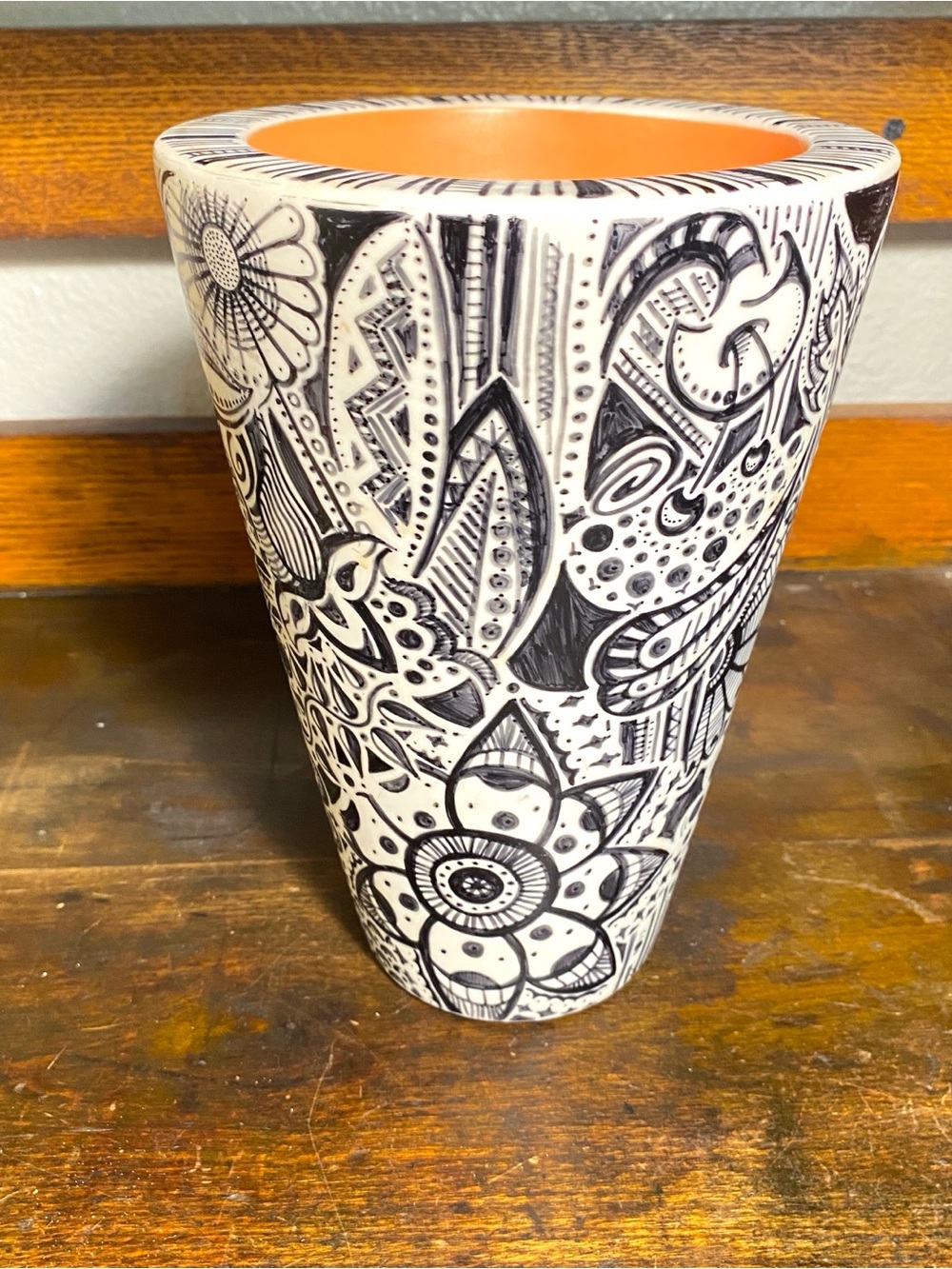 Tag Decor Graffiti Vase 8.5 In Black White Orange Floral Sharpie Doodles